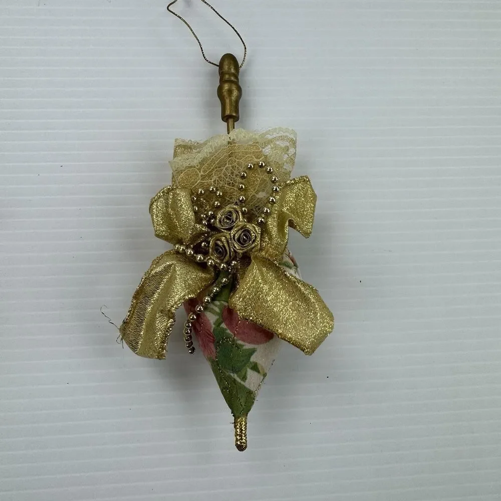 Bradford Novelty Victorian Hat & Parasol Ornaments Gold Lace Floral Fabric Set